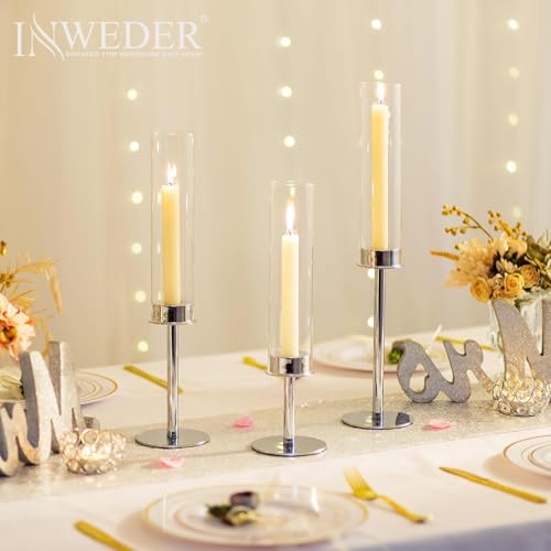 Silver Candle Holders for Candlesticks - Taper Candle Holders with Removable Glass, Tall Silver Candlestick Holders, Candle Stand Candle Sticks Long Holder for Table Centerpiece, Home, 30Pcs - color: Silver, size: 10 Sets(30 Pcs)
