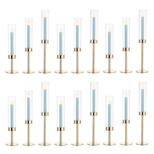 Hurricane Taper Candle Holders: Set of 18 Gold Glass Candlestick Holder Bulk Tall Candle Sticks Holder Decor with Glass Cover for Wedding Table Centerpiece Party Birthday Christmas Mantel - color: Gold, size: 6 Sets(18 Pcs)