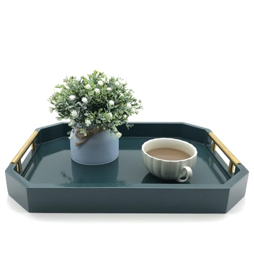 Serving Tray with Polished Metal Handles, Hexagon Coffee Table Tray, Modern Rectangle Decorative Tray, Large Ottoman Tray, Perfect for Storage and Display (Teal Rectangle) - color: Teal Rectangle
