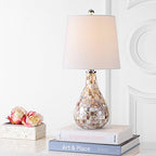 JONATHAN Y 20.5" Seashell Coastal Mini LED Table Lamp for Living Room Office, White Linen Drum Shade, Modern Mother of Pearl Bedside Nightstand Lamp, LED Bulb Included JYL1024A - color: Seashell