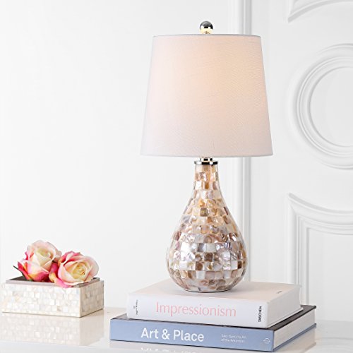 JONATHAN Y 20.5" Seashell Coastal Mini LED Table Lamp for Living Room Office, White Linen Drum Shade, Modern Mother of Pearl Bedside Nightstand Lamp, LED Bulb Included JYL1024A - color: Seashell