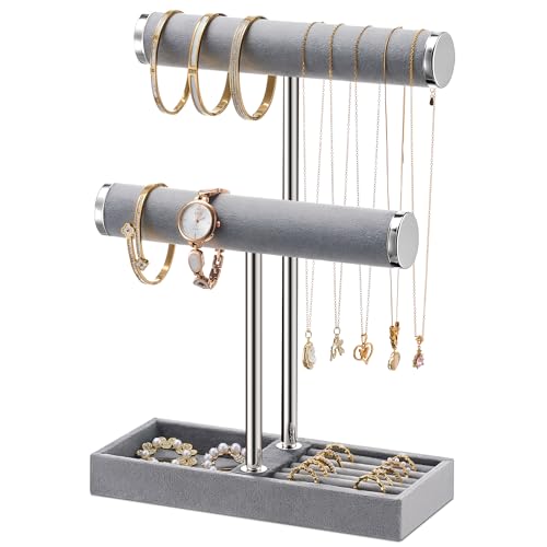 bussdis 2 Tier Bracelet Holder Display - Detachable T Bar Grey Velvet Bracelet Holder, Jewelry Holder Organizer for Bracelet, Necklace, Earrings, Rings - color: Grey