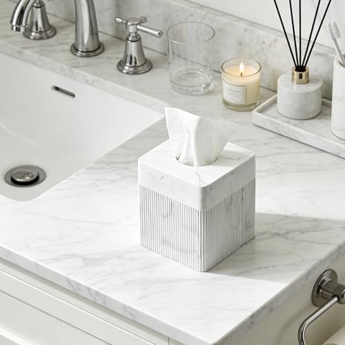 White Tissue Box Cover Square Resin Tissue Holder for Home Decor, Hand Poured Marble Ribbed Cube Tissue Box Holder – 5.5 Inch Heavy Duty Luxury Tissue Box Case for Bathroom, Living Room, Office - color: A-white