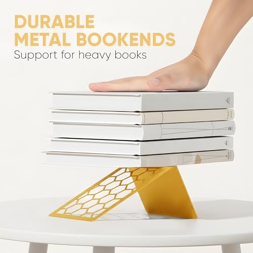 GEOMOD Geometric Honeycomb Gold Metal Bookends Decorative - Tall Sturdy Book Ends for Shelves - Modern Heavy Duty Bookend Stopper - Office or Home Book Shelf Book Holder - 6x3.25x6.25 Inches - 2 Pair - color: Gold, size: 2 Pairs, style: Honeycomb