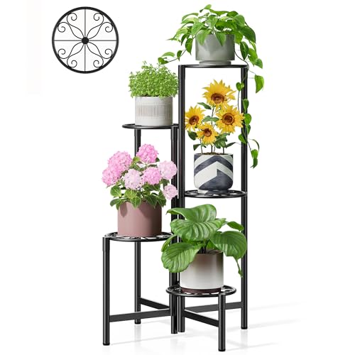 Plant Stand Indoor Outdoor, 5 Tier Corner Metal Flower Display Holder Stand, Folding Tall Plant Rack for Patio Balcony Porch Garden Living Room House, Heavy Duty Wrought Iron Plant Shelf - BlackS - color: BlackS, size: 5-Tiers