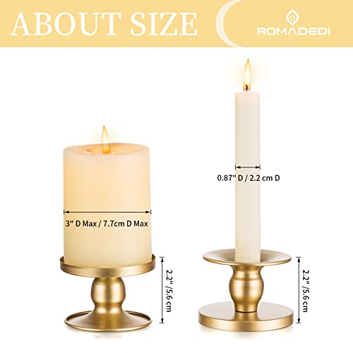 Candle Holders for Pillar Candles, Romadedi Gold Pillar & Taper Candle Holder, Small Metal Candle Stick Candle Holder for Wedding, Dining Room Table Centerpiece, Holiday Decor, 4 Pcs