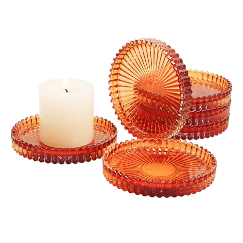 Candlestick Glass Candle Holder Plates Set of 6, Round Glass Candle Tray Plates for Dining Wedding Lantern Festival Party Evening Light, Amber - color: Amber