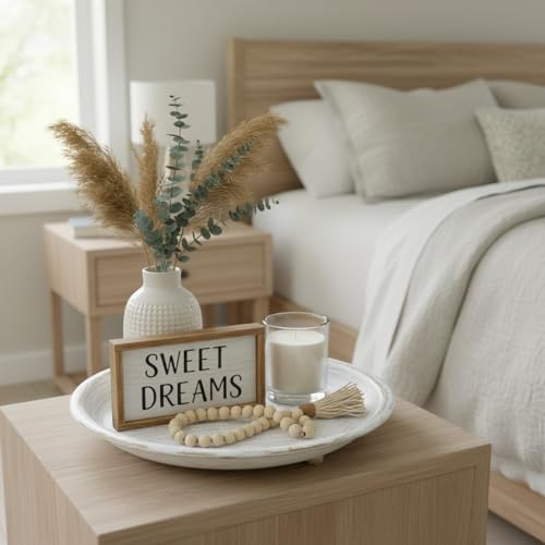 10-inch Candle Plate Holder Tray & 30-inch Wooden Bead Garland with Tassels, Farmhouse Decorative Tray, Rustic Country Home Decor - White - color: White