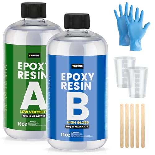 TAKIMO 32OZ Crystal Clear Epoxy Resin Kit - 1:1 Mixing Ratio, Bubble Free & Anti-Yellowing - High Gloss Casting & Coating Resin for Jewelry, River Tables, Bar Top, Countertops & Wood - Heat Resistant - size: 32OZ Kit