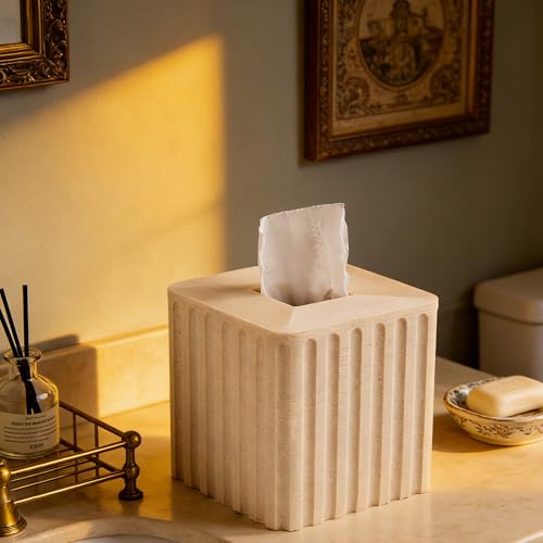 Striped White Sandstone Tissue Box Cover Square for Home Decor,Resin Heavy Tissue Box Holder for Bathroom Countertop,Tabletop,Bedside Table,Office (Handmade of Resin) - color: T-white