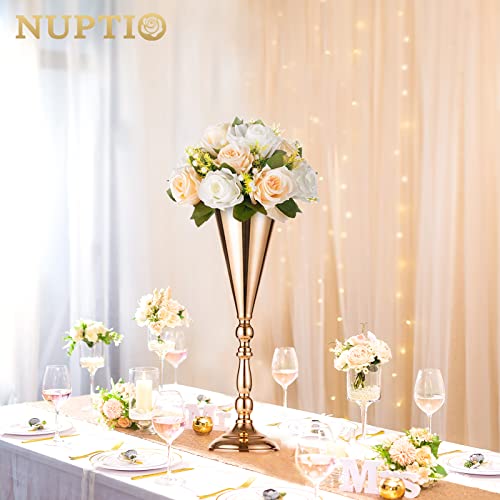 10 Pcs Tabletop Gold Metal Wedding Flower Trumpet Vase, 16.5 inch Table Decorative Centerpiece Artificial Flower Arrangements for Anniversary Ceremony Party Birthday Event Home Decoration (Gold) - color: Gold, size: 16.5 inch x 10 Pcs
