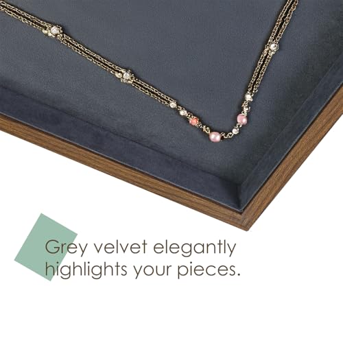 MOOCA 2 Pcs Wooden Jewelry Display Tray, Presentation Tray, Organizer for Rings, Necklaces, Earrings, and Accessories, Walnut Color with Grey Suede, 14" W x 9.6" D x 1.2" H - color: 1 Compartment, Walnut/Grey