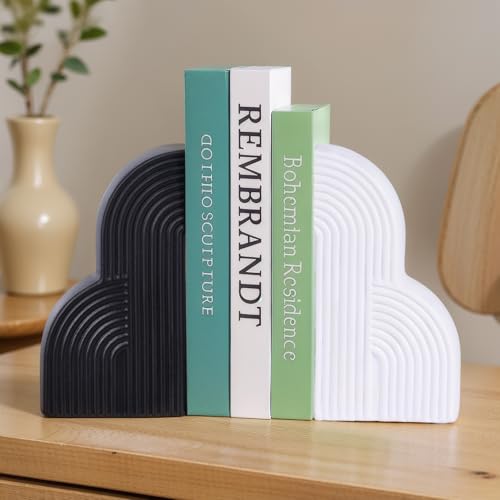 Black and White Decorative Bookends for Shelves Set of 2 – Heavy Duty Resin Book Ends, Modern Minimalist Geometric Book Stoppers for Heavy Books, Boho Aesthetic Shelf Decor for Home, Office, Library - color: White and Black