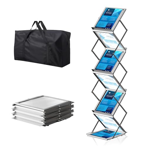 6 Pockets Foldable Literature Rack - Aluminum Magazine Rack, Brochure Catalog Display Stand with Carrying Bag for Exhibition, Trade Show, Office, Retail Store, Home - Silver