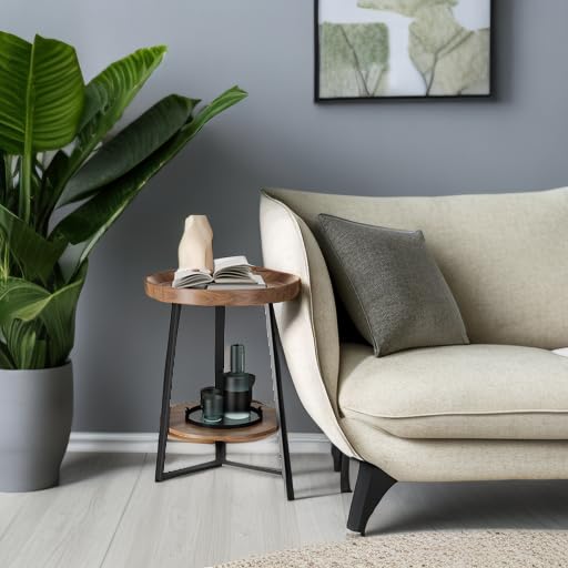 Gadroad Round End Table with Storage Shelf, 2 Tier Farmhouse Side Table Nightstand for Living Room, Bedroom, Wood Tabletop & Black Metal Frame, Brown 15.7 * 15.7 * 23.0inches - color: Brown, style: No Charging Station