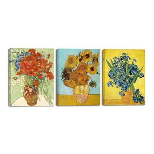 Wieco Art 3 Panels Canvas Prints of Vincent Van Gogh Paintings Reproduction Red Poppies and Daisies Sunflower Irises in Vase Canvas Wall Art for Living Room Home Office Decor - color: Flowers, size: 12 x 16 inches (Unframed)