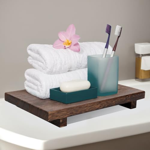 (12 x 7 Inch) Wood Riser Soap Tray, Farmhouse Wood Pedestal Stand for Kitchen Counter Sink, Rustic Wooden Riser Decorative Bathroom Counter Dishes Plant Bottles Candles Display - style: Country Rustic
