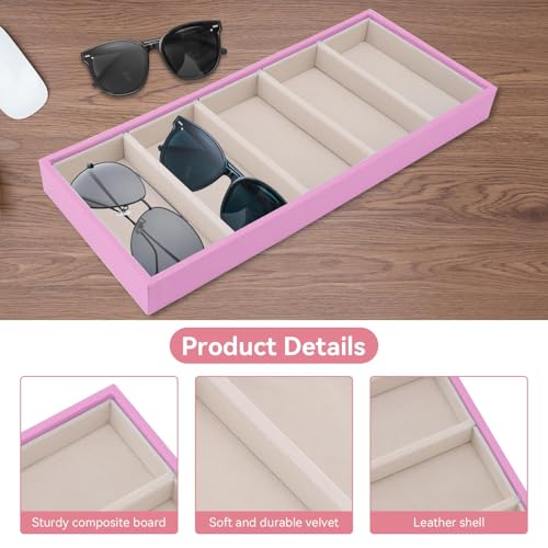 HERCHR Sunglass Organizer, Pink Velvet Glasses Tray 5 Grids Stackable Display Case for Women Glasses Jewelry Display Watch - color: Pink