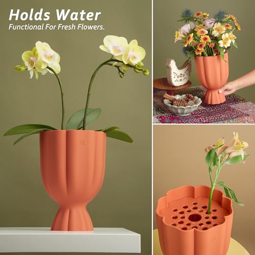 Bouquet Vase for Lego & Crafted Flowers - Flower Arrangement Vase with Floral Grid & Ribbons, Impact Resistant, BPA-Free ABS Plastic, Home Decor Gift for Lego & Flower Lovers (Terracotta Orange)