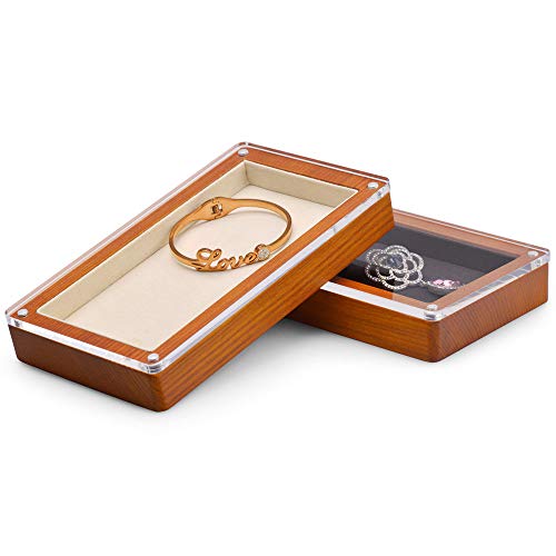 Oirlv Solid Wood Jewelry Tray with Transparent Acrylic Lid Jewelry Organizer Dish Home Organization Accessories Storage Box(Creamy-white) - color: Creamy-whit Flat