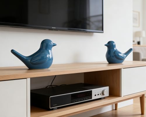 Small Blue Bird Statue Ceramic 2-Piece Set, 3¾ inch Cute Knick Knack for Home Office Shelf Desk Decor - color: Blue