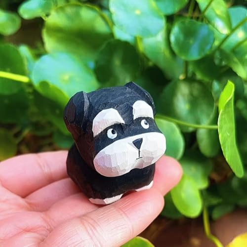 Hand-Carved Wooden Black & Silver Schnauzer Figurine – Mini Cute Dog Statue with Round Wooden Base for Desk & Home Decor, Car Dashboard Decoration, Unique Handmade Gift for Dog Lovers - color: Black and Silver Schnauzer