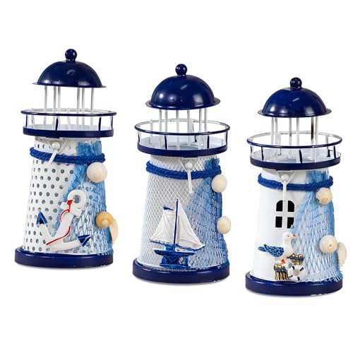 Set of 3 Mediterranean Style Tin Lighthouse Candle Holders - Blue & White Nautical Lighthouse Decor with Seagull, Sailboat & Anchor Designs, Coastal Tabletop Ornaments for Home Decor - color: Blue