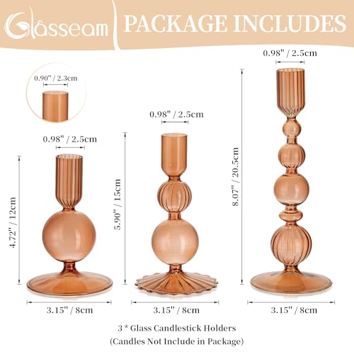 Glasseam Candle Sticks Holder Decor: Amber Glass Candle Holders Set of 3 Modern CandleHolders for Taper Candlesticks Unique Fall Candle Holders for Halloween Centerpiece Table Decor Thanksgiving - color: Brown