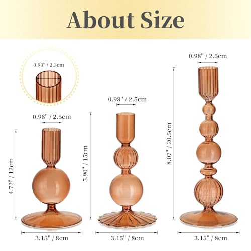 Hewory Glass Candlestick Holders Set: 3PCS Brown Candle Holder Taper Candle Holders Bulk, Crystal Ribbed Candle Sticks Holder Decor for Table Centerpiece Wedding Christmas Thanksgiving Dinner - color: Brown