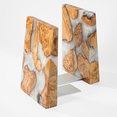 Resin Bookends Large Heavy Duty Bookends for Shelves, Unique Burl Wood Figure Book Ends for Study Office, Fancy Modern Decorative Book Supports for Bookshelf Organization (Pearlescent White) - color: Pearlescent White