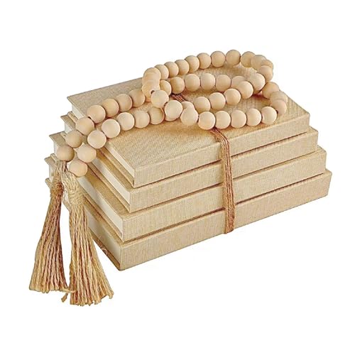 Linen Covered Decorative Books 4 Pieces, Neutral Home Decor Coffee Table Books with Wooden Beaded Tassel, Stacked Books for Rustic Farmhouse Modern, Boho, Bookshelf, Fireplace Mantel Décor, Beige - color: Beige