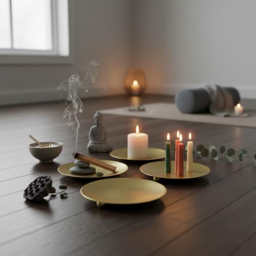 Minimalist Metal Candle Holder Plates Set of 3 – 4.7" Heat-Resistant Round Candle Base – Decorative Candle Stand for Home & Events (Gold) - color: Gold