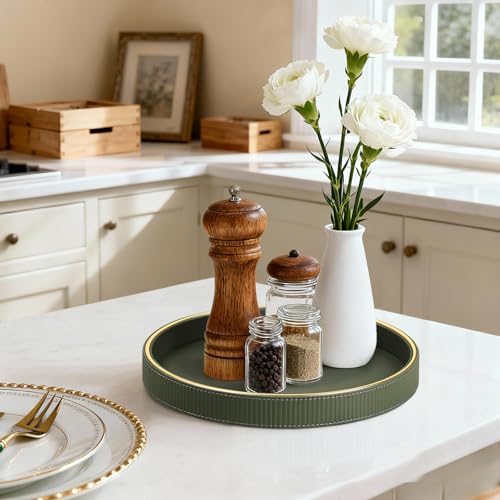 Round Decorative Tray for Coffee Table Decor, PU Leather Coffee Table Tray Golden Trim for Home Decor Living Room Dining Table, Perfume Trays Nightstand Organizer (Green) - color: Green