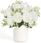 Mkono Fake Flowers in Vase 9 inches Artificial Flower Centerpieces Coffee Table Decorations Silk Flowers Arrangements for Home Desk Shelf Dining Room Kitchen Wedding Decor (White)