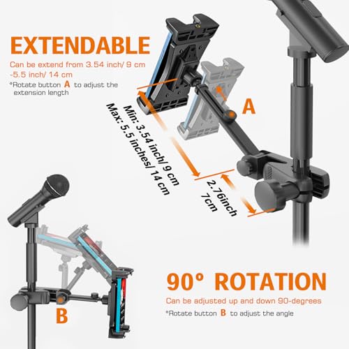 Tablet Holder for Microphone Stand, Mic Stand Tablet Holder for iPad, 360° Adjustable Clip-on Phone Mount for Shee Music Stand, Fits Devices from Screen Size 4.7 to 12.9”