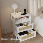 JOONEE Rattan Nightstand with Charging Station,Farmhouse Bedside Table with 2 Storage Drawer and Open Wood Shelf, for Bedroom and Small Spaces,Night Stand with Solid Wood Legs (White-Outlet) - color: White-outlet