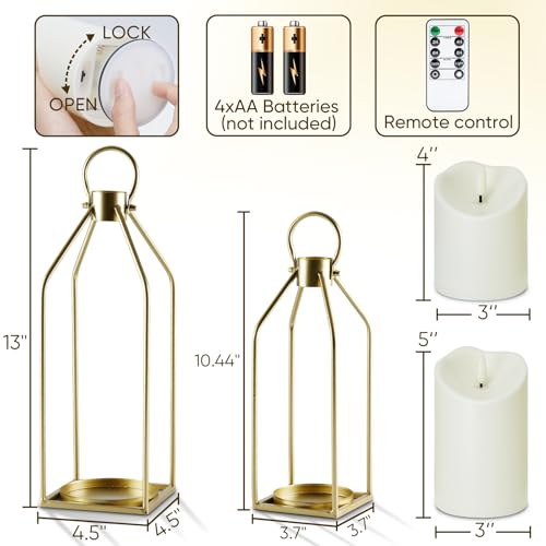 Homemory Modern Farmhouse Lantern Decor with Waterproof Flameless Candle & Remote Timer, 2PCS Gold Metal Candle Lantern Decorative for Outdoor Indoor Home Living Room Patio Porch Table (Gold) - color: Gold