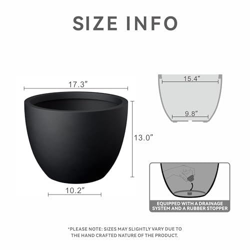 Kante 17.3 Inch Round Concrete Planter - Classic Large Indoor/Outdoor Plant Pot with Drainage Hole and Rubber Plug, Suitable for Gardens and Patios, Black - color: Black, size: 17.3"Dia x 13"H