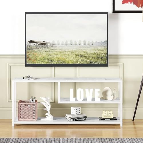 Function Home TV Stand for TVs up to 55 Inch, 3 Tier Entertainment Center, Media Console with Open Storage Shelves for Living Room Bedroom, 47” Modern TV Table with Wood Top White Metal Legs - color: 47" White