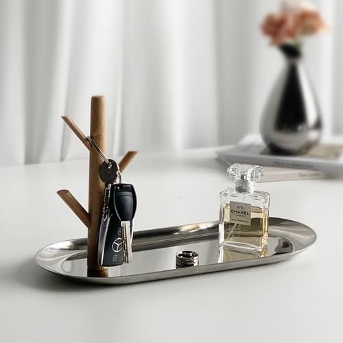 Shinpuru Key Tray & Key Bowl, Jewelry Tray with Wood 3-Tier Hanging Organizer - Multi-Functional Entryway Tray, Perfect for Key Dish, Ring Holder(Upgraded Version)(Silver Oval) - color: Silver Oval