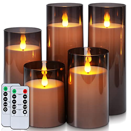 Homemory Gray Flickering Flameless Candles, Battery Operated Acrylic LED Pillar Candles with Remote Control and Timer, Halloween Decor, Set of 5 - color: Gray