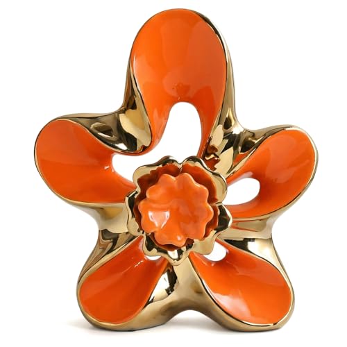 Ceramic Statue Home Decor Aesthetic Abstract Flower Sculpture Modern Decorative Statues for Living Room Bedroom Bookshelf Desktop Dinging Table Centerpiece Office (Orange and Gold) - color: Orange and Gold