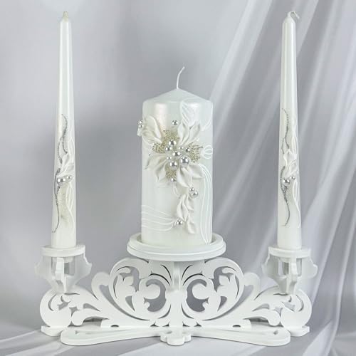Unity Candle Set - Wedding Ceremony & Reception – 6” Pillar & Two 10” Taper Candles – Long Burning Unity Candles for Marriage Ritual – Handmade in USA – Royal White