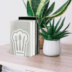 Peacoblue Metal Bookends for Shelves, Modern Decorative Heavy Duty Study Book Support Stoppers for Office, Desk, Shelf, Room 5.3"x4.3"x6.1" Cast Iron Simple White Book Ends, 1 Pair (Chef Hat) - style: Chef Hat