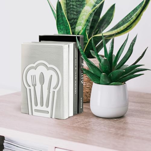 Peacoblue Metal Bookends for Shelves, Modern Decorative Heavy Duty Study Book Support Stoppers for Office, Desk, Shelf, Room 5.3"x4.3"x6.1" Cast Iron Simple White Book Ends, 1 Pair (Chef Hat) - style: Chef Hat