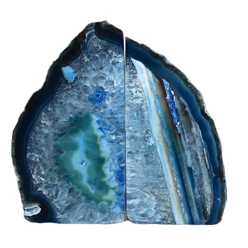 Nature's Decorations A+ Quality Blue Agate Geode Bookends - Heavy Duty with Non-Skid Rubber Bumpers for Shelves, Office, Home Decor - Cool Crystal Stone (1 Pair 2-3 LB) - color: Blue, size: A+ Grade 2 - 3 Lbs