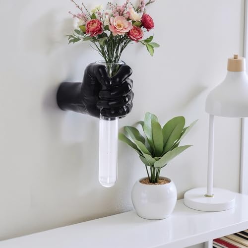 Black Wall Sculptures, Hand Vases Home Decor, Wall Mount Art Sculpture, Unique Wall Art Statue, Funky Flower Vase Decorations, Modern Eclectic Hanging Decor,Glass Test Tube Vase - color: Black