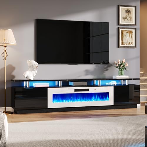 AMERLIFE 90" 2 Tier Fireplace TV Stand with 50" Fireplace, Modern Large Entertainment Center LED Lights, Media Console Table Storage Cabinet for TVs Up to 100", Living Room, Black & White - color: Black & White, size: 90"