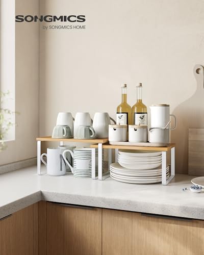 SONGMICS Cabinet Organizer Shelf, Set of 2 Kitchen Counter Shelves, Kitchen Storage, Spice Rack, Stackable, Expandable, Metal and Engineered Wood, Cloud White and Natural Beige UKCS02NW - color: Cloud White + Natural Beige, size: 11.7"W