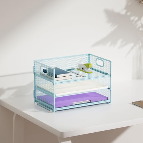 Marbrasse 3 Tier Paper Organizer Letter Tray, Mesh File Organizer with Handle, Paper Sorter Desk Organizer for Home Office Supplies(Blue) - color: Blue